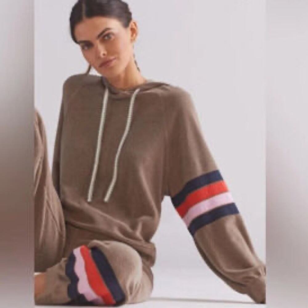 Sundry Faux Sherpa Striped Sleeve Hooded Cozy Soft Sweatshirt NWT O/XS Lounge